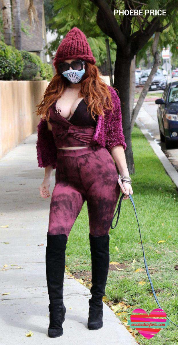 Phoebe Price pase a su perro con una teta fuera